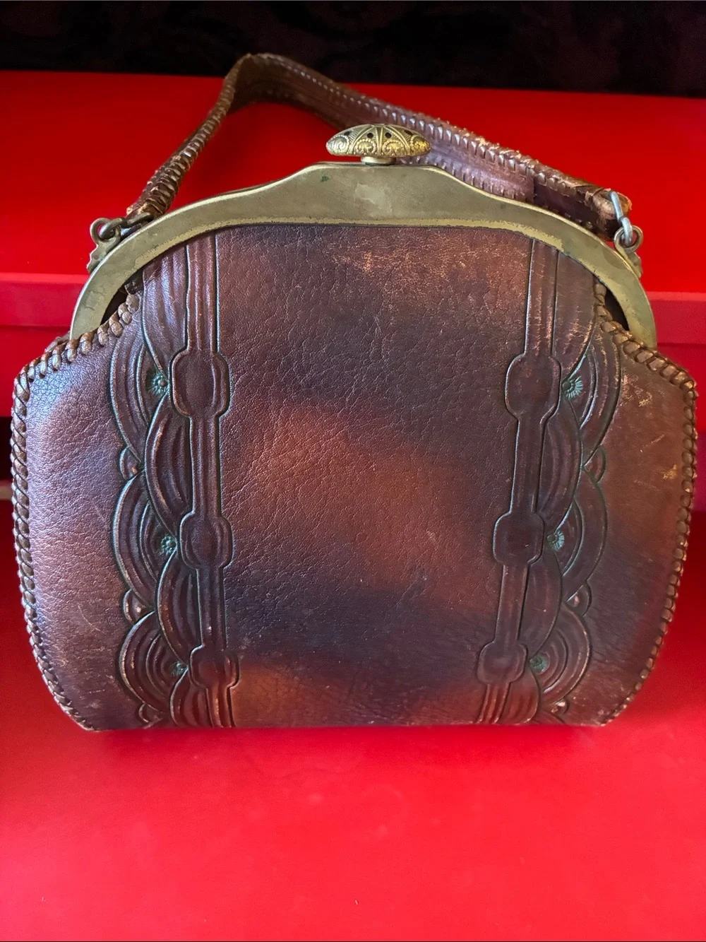 Meeker Made Brown Tooled Leather Vintage-Style 1920’s Art Nouveau Women Handbag
